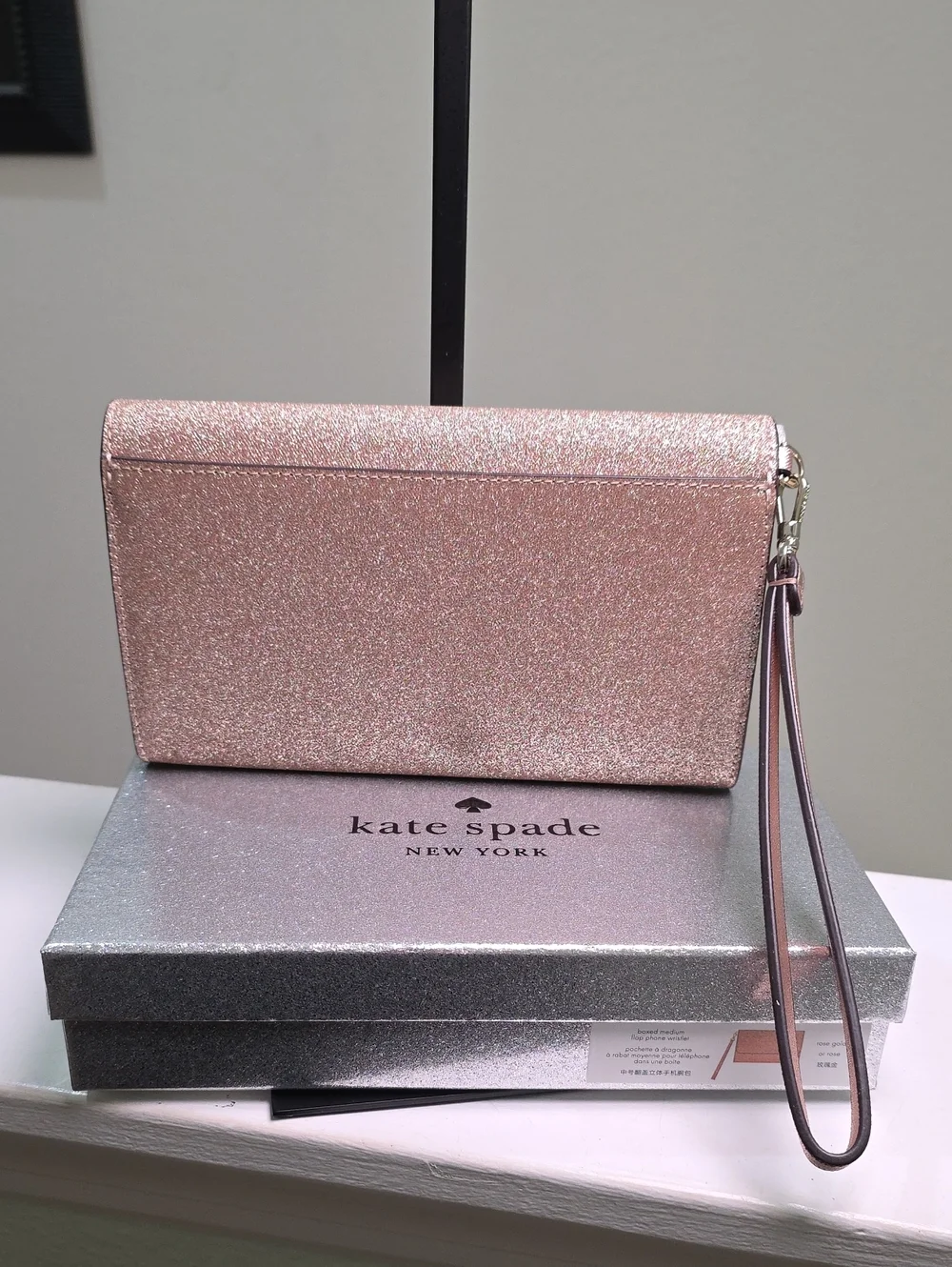 Kate Spade New In Box Rose Gold Glitter Medium Flap Phone Wristlet NWT